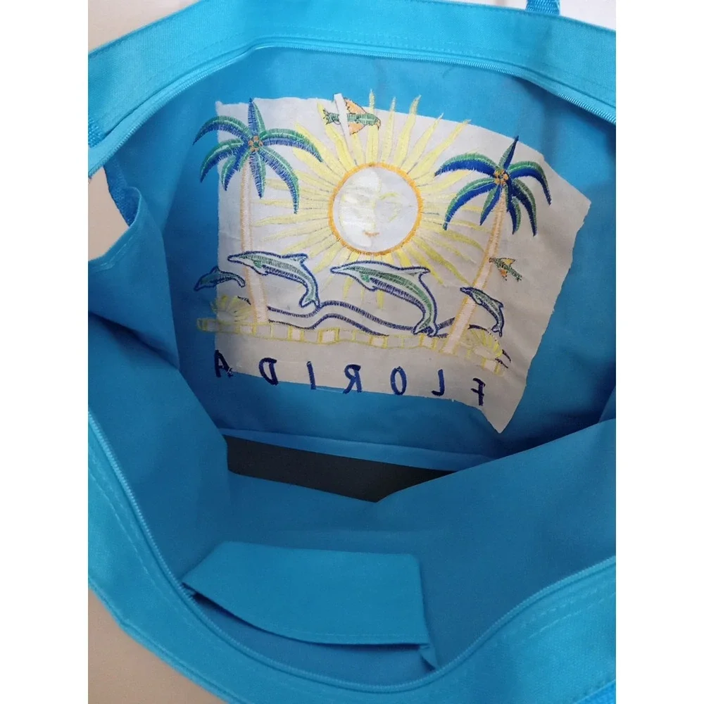 Happy Island Teal Blue Embroidery Florida Dolphins Palm Trees Canvas Bag 20x15x4